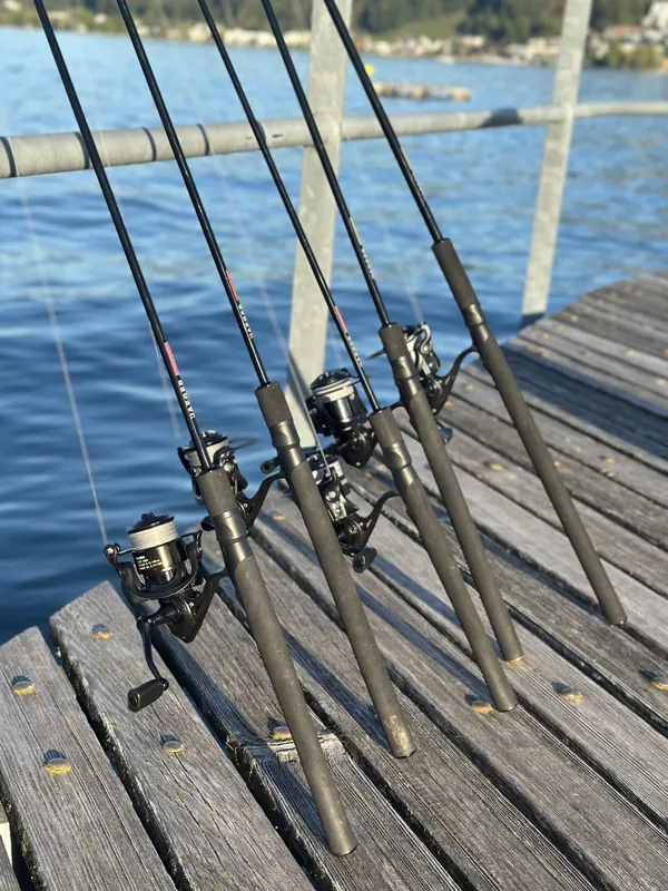 Bereitgestellte Spinnruten an der Steganlage am See
